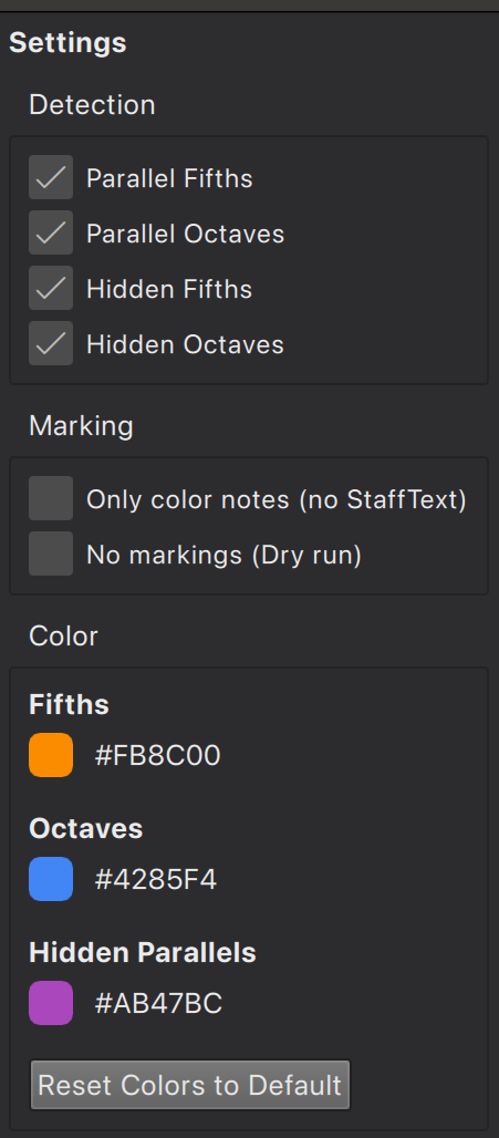 Screenshot of the Parallel Intervals Checker Settings UI